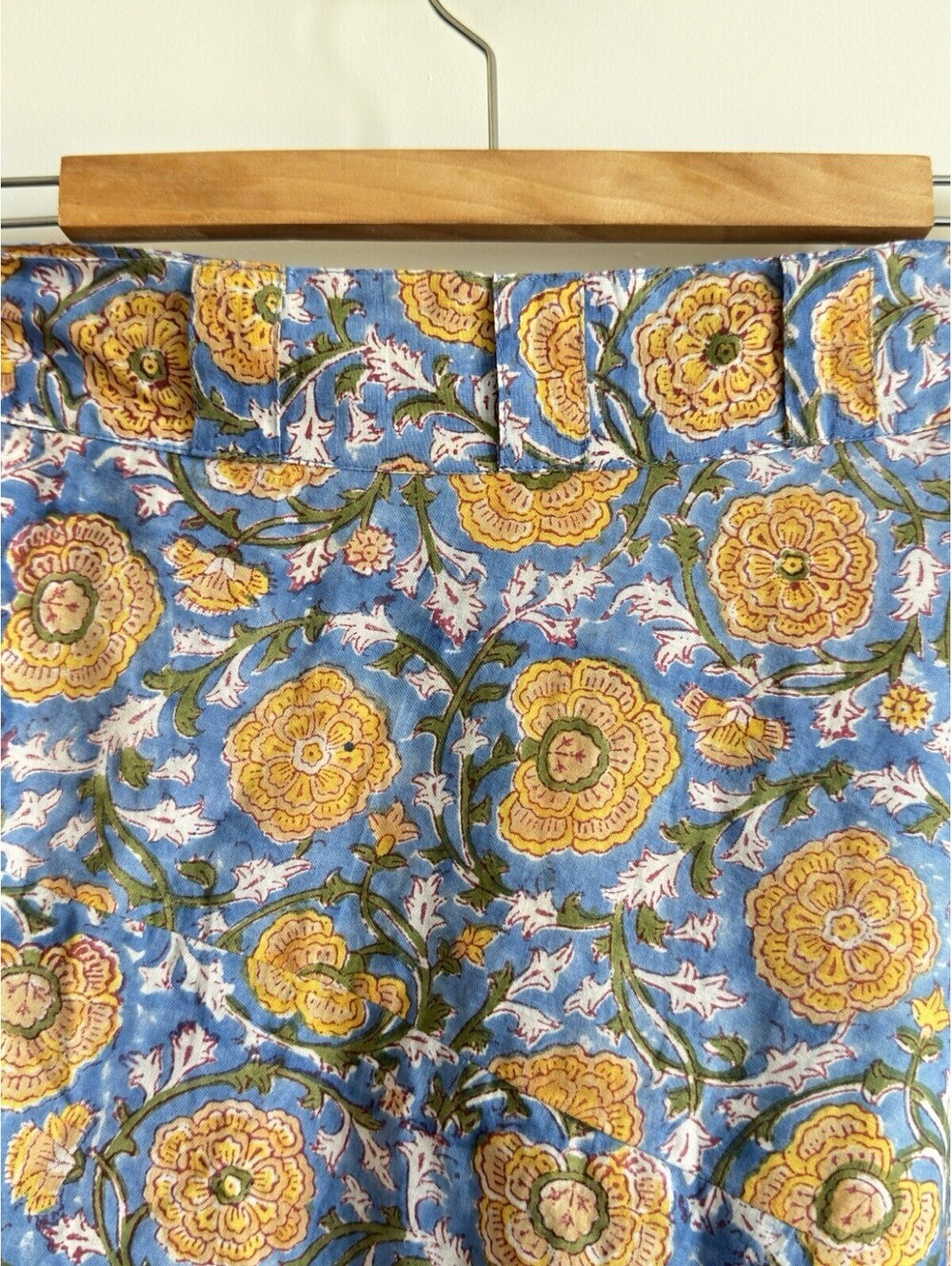 Banjaara Midi Wrap Skirt Blue Yellow Floral Hand Block Print Cotton L/XL - Picture 5 of 12